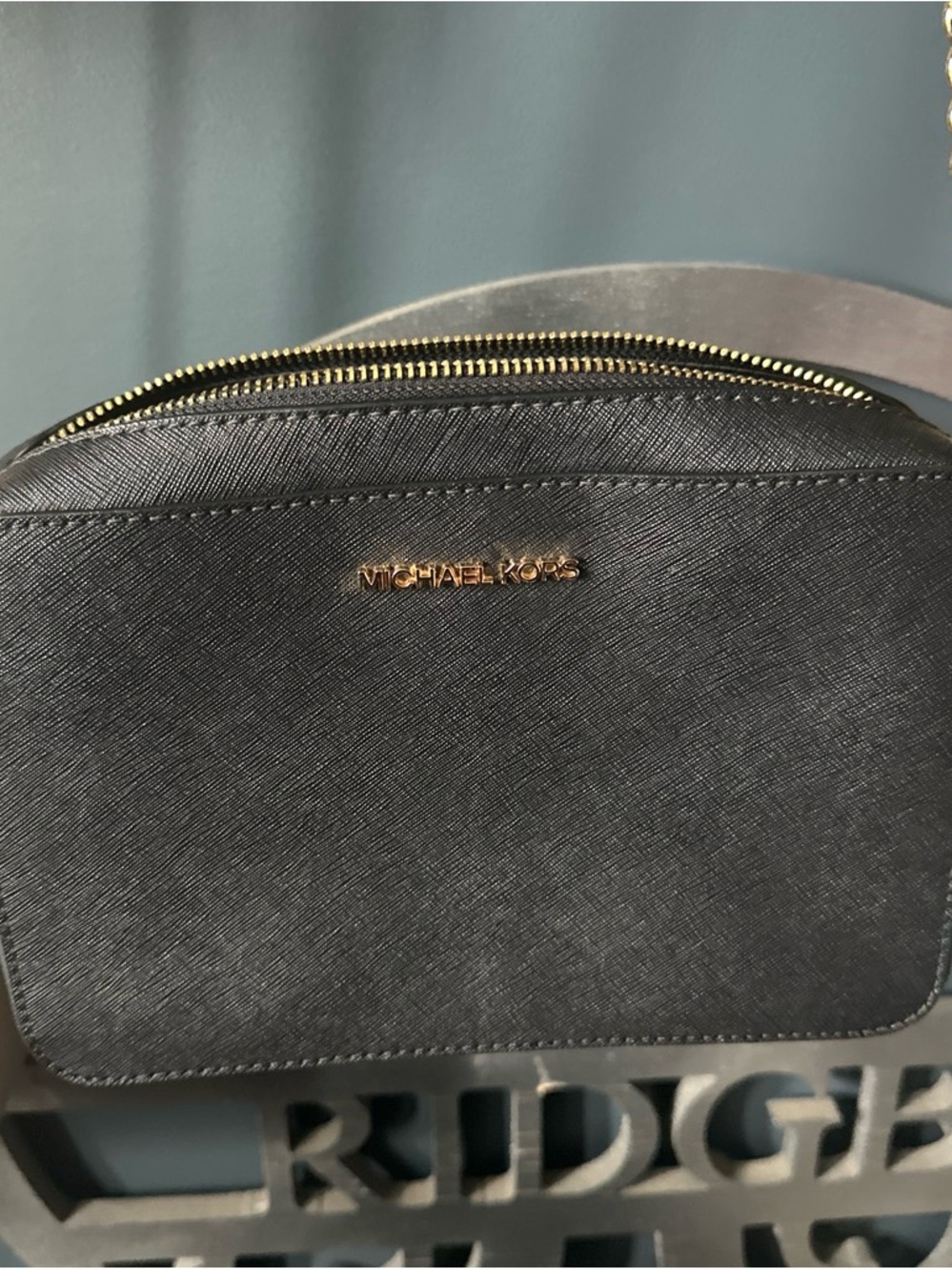 Michael Kors Black Saffiano Leather Dome Crossbody with Gold Hardware